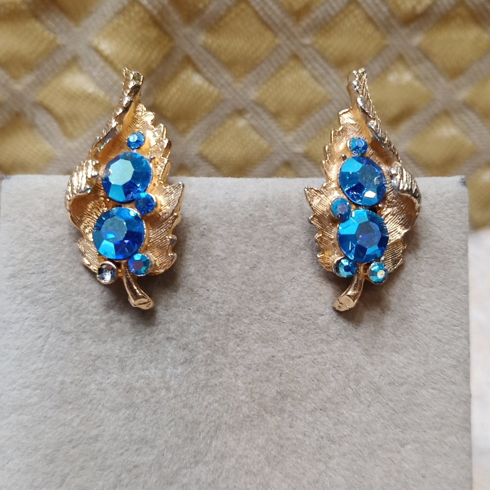 Vintage Gold Leaf Earrings with Blue AB Crystal Accents